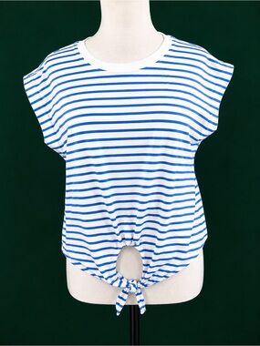 Molly Bracken White & Blue Striped Short Sleeve Tie-Hem Tee
